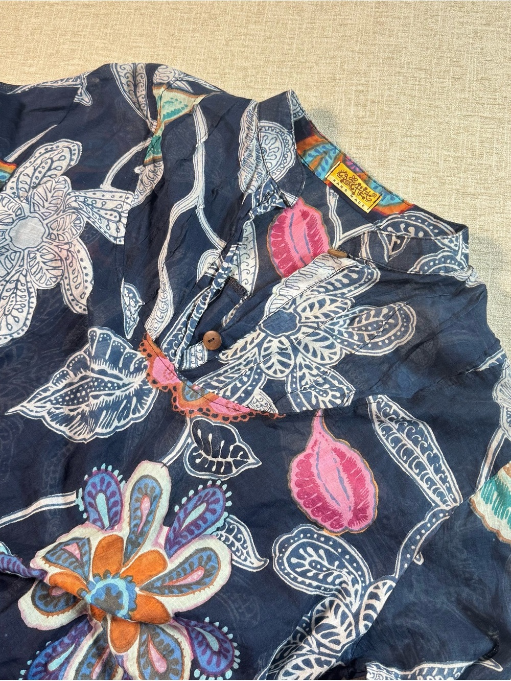 Crochet Hand Painted Tunic Dress Blue Floral Cotton Resortwear Boho